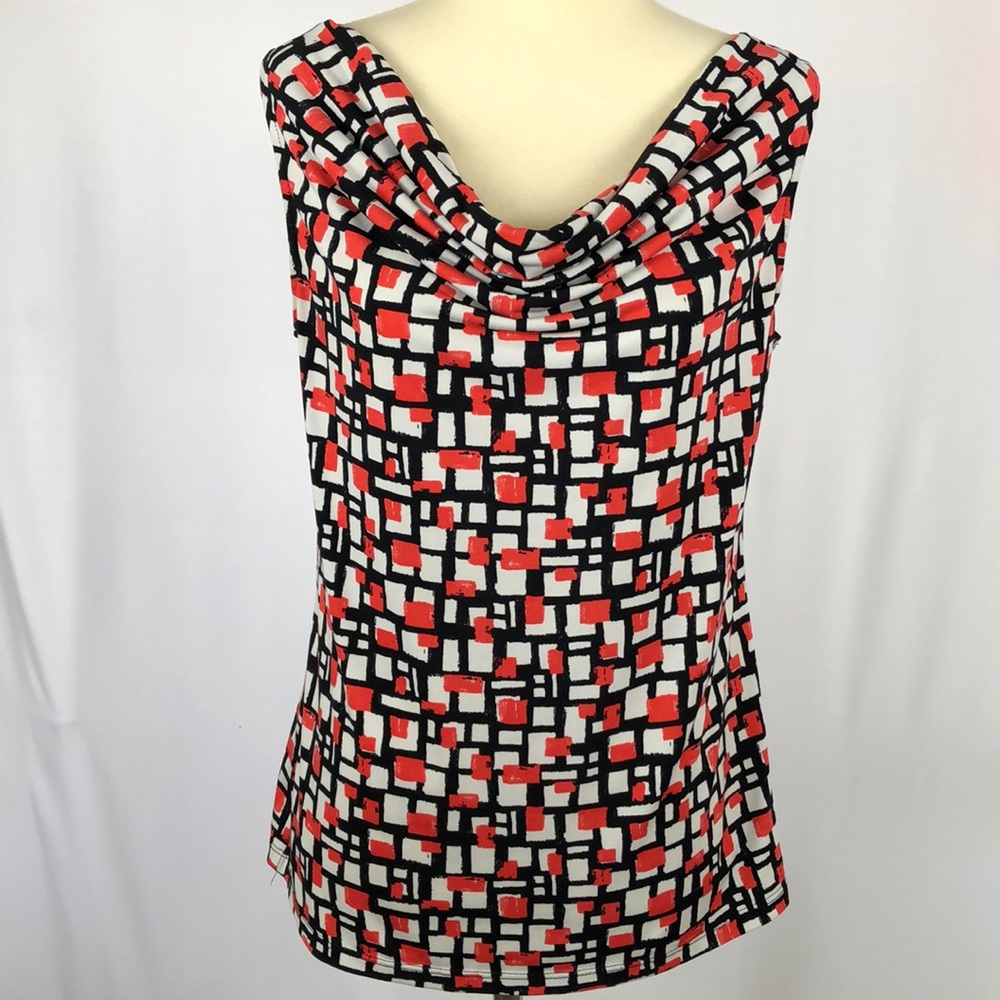 Van Heusen Black & Coral Sleeveless Geometric Print Cowl Neck Blouse - Medium